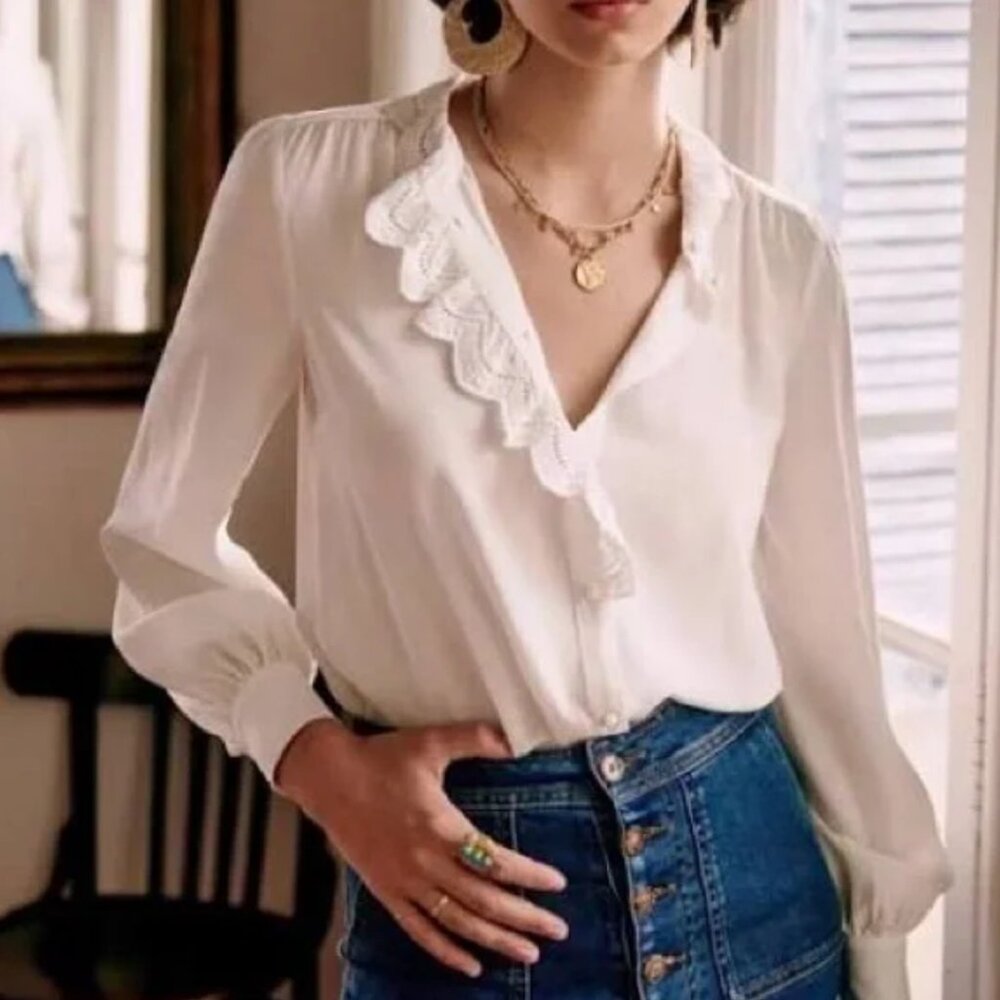 Sezane Chlo Silk Blouse Ecru Ivory White French Classic Causal FR40/US8